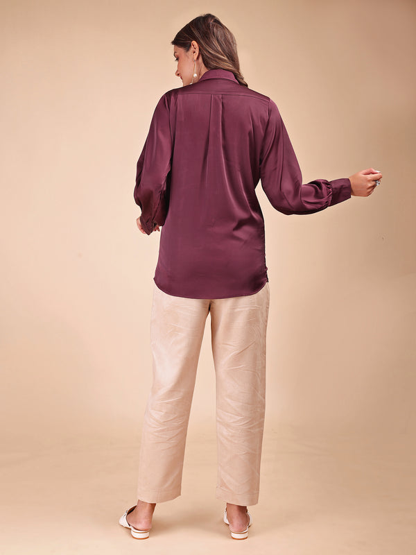 WINE SATIN SHIRT WITH TROUSER