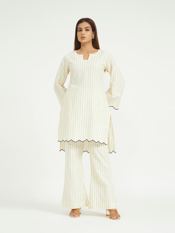 White Pinstripe Co-ord Set with Scalloped Hem