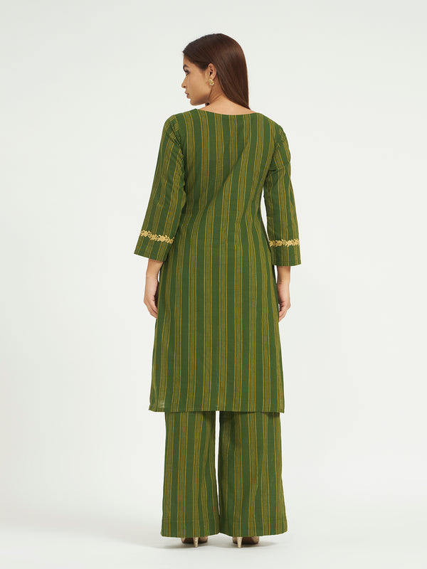 Olive Green Striped Kurta Set with Floral Embroidery