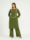 Olive Green Striped Kurta Set with Floral Embroidery