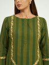 Olive Green Striped Kurta Set with Floral Embroidery