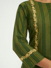 Olive Green Striped Kurta Set with Floral Embroidery