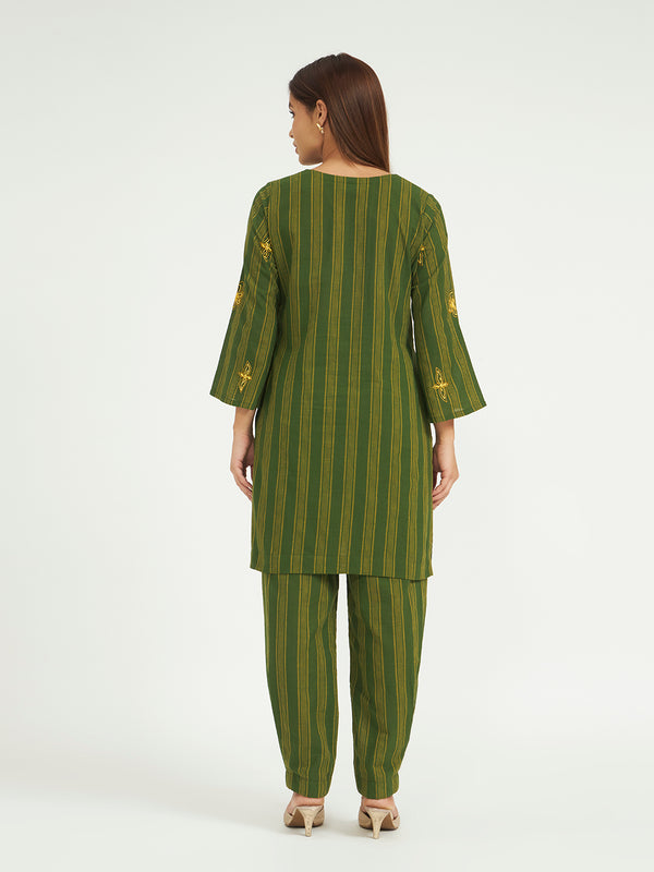 Green Striped Kurta Set with Embroidery