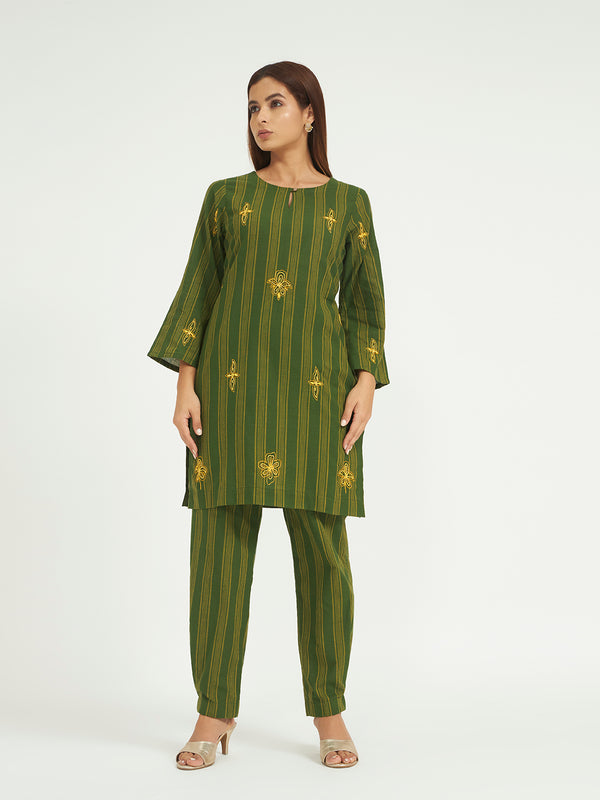 Green Striped Kurta Set with Embroidery
