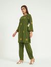 Green Striped Kurta Set with Embroidery