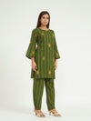 Green Striped Kurta Set with Embroidery