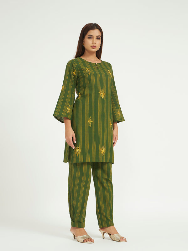 Green Striped Kurta Set with Embroidery
