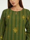 Green Striped Kurta Set with Embroidery