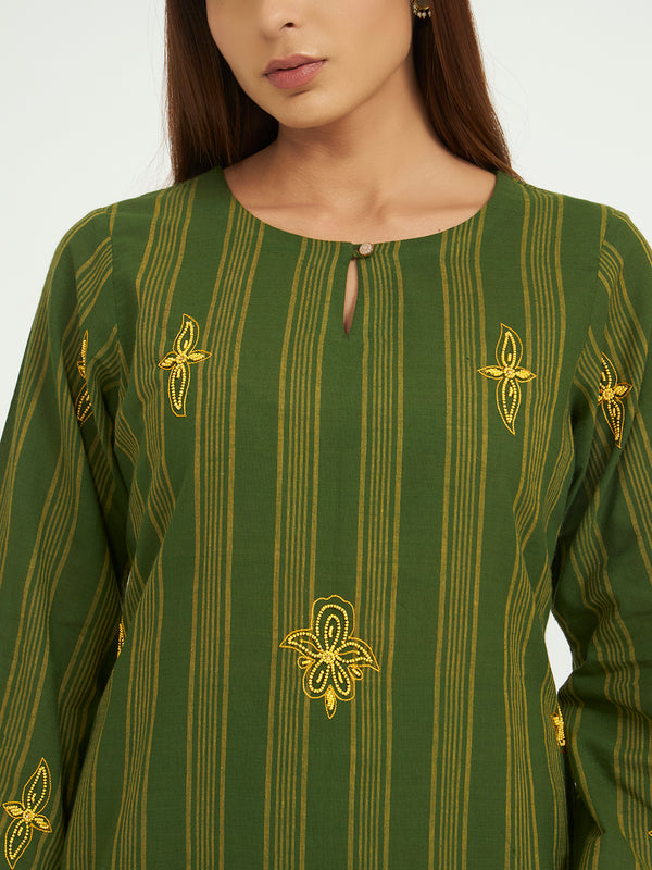 Green Striped Kurta Set with Embroidery