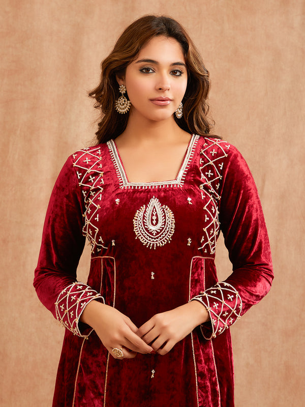 MAROON VELVET ANARKALI KURTA SET