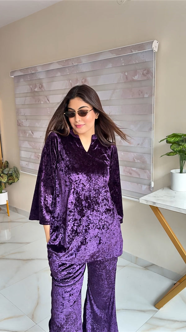 TANIYA IN PURPLE EMBOSSED VELVET CO-ORD SET