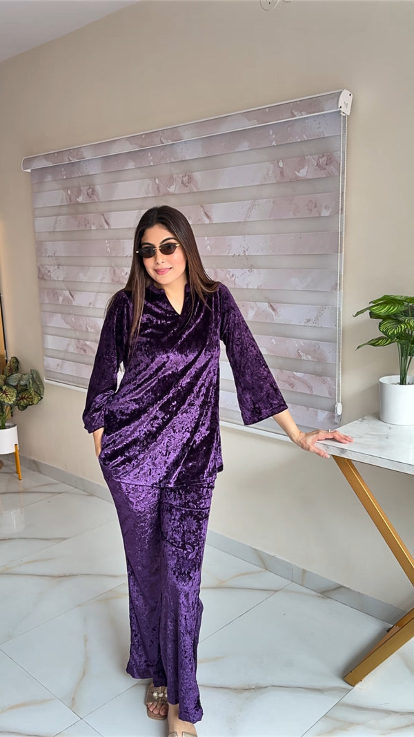 TANIYA IN PURPLE EMBOSSED VELVET CO-ORD SET