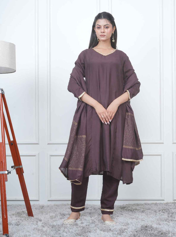 BROWN KALI KURTA SET WITH FIDA DUPATTA