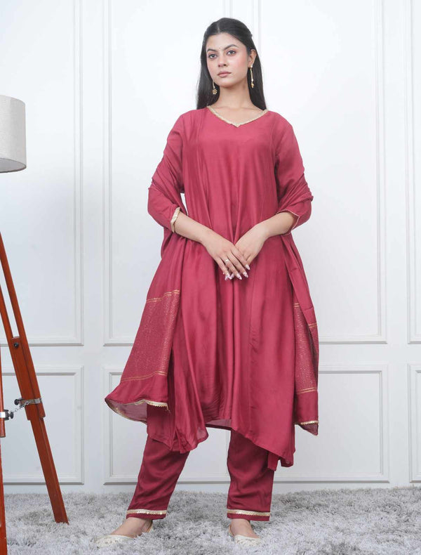 RED KALI KURTA SET WITH FIDA DUPATTA