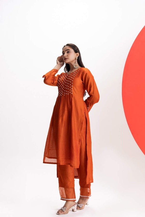 ORANGE PLEATED KURTA PANT