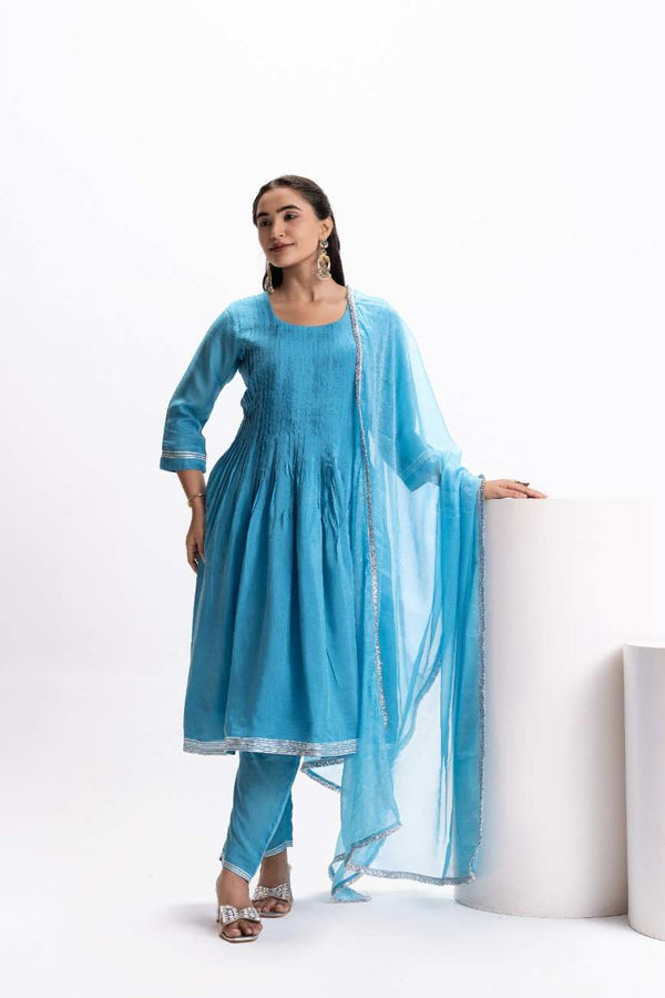 BLUE MUSLIN PLEATED KURTA SET