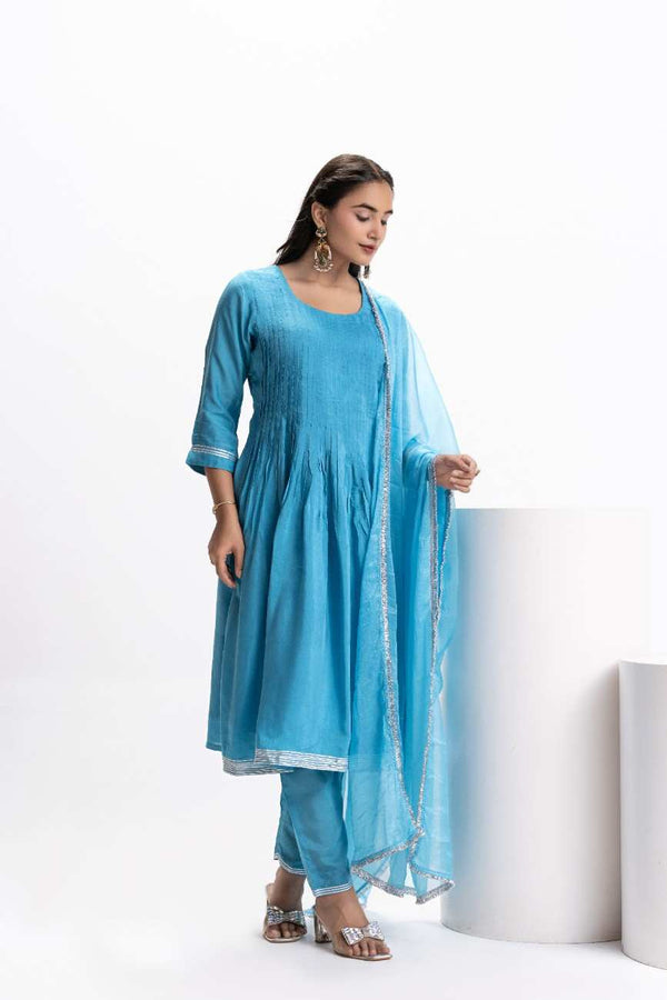 BLUE MUSLIN PLEATED KURTA SET