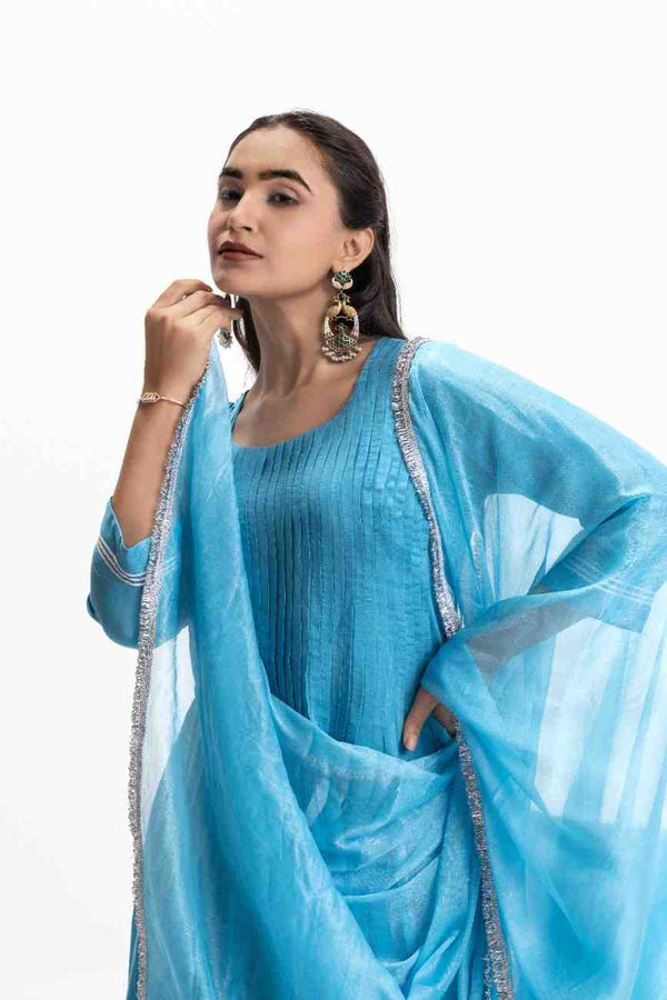 BLUE MUSLIN PLEATED KURTA SET