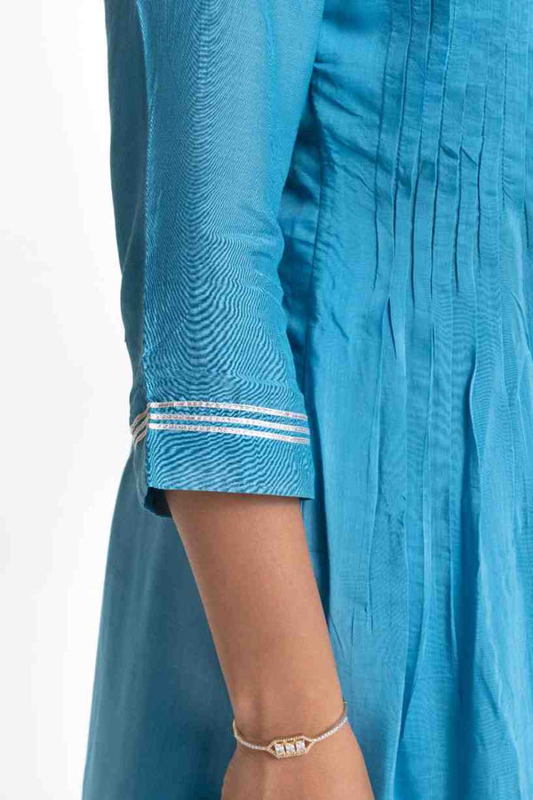 BLUE MUSLIN PLEATED KURTA SET