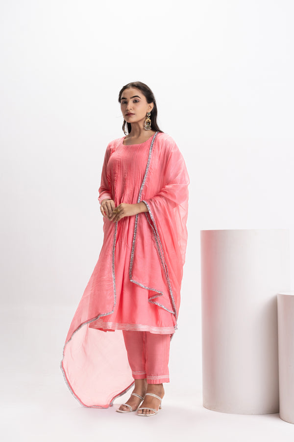 PINK MUSLIN PLEATED KURTA SET
