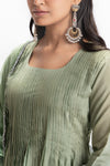 GREEN MUSLIN PLEATED KURTA SET