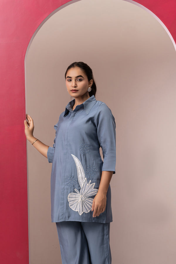 GREY COTTON EMBROIDERD CO-ORD SET