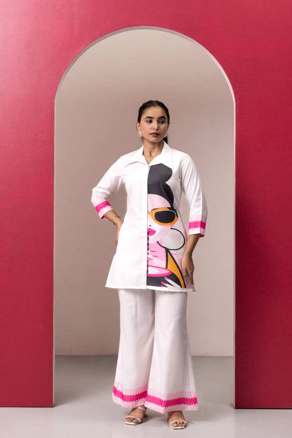 WHITE ABSTRACT PRINTED TOP WITH PLAZO