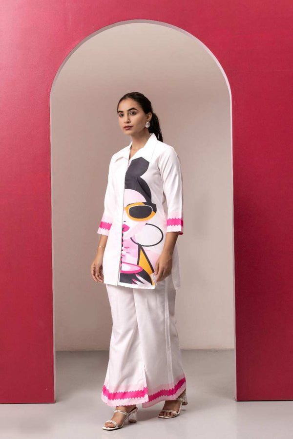 WHITE ABSTRACT PRINTED TOP WITH PLAZO