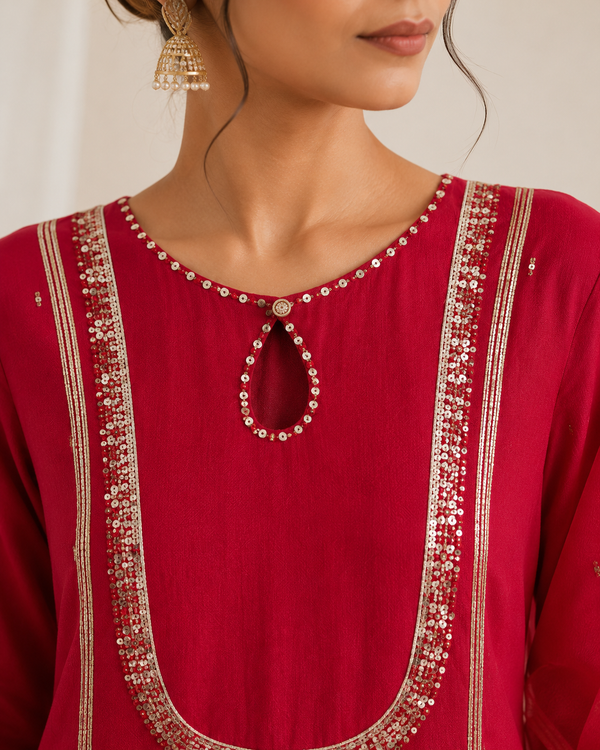 RED SILK FESTIVE KURTA SET