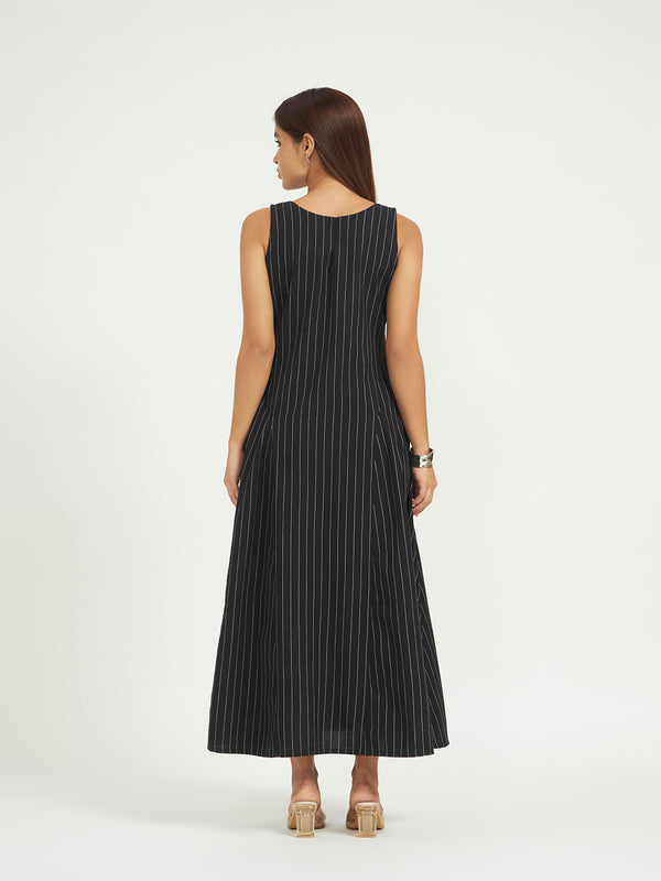 Black Pinstripe A-Line Maxi Dress