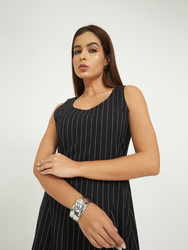 Black Pinstripe A-Line Maxi Dress