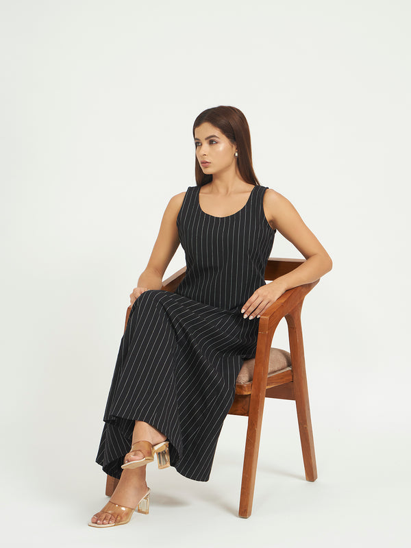 Black Pinstripe A-Line Maxi Dress