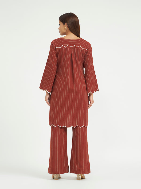 Rust Pinstripe Co-ord Set with Scalloped Hem