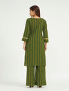 Olive Green Striped Kurta Set with Floral Embroidery
