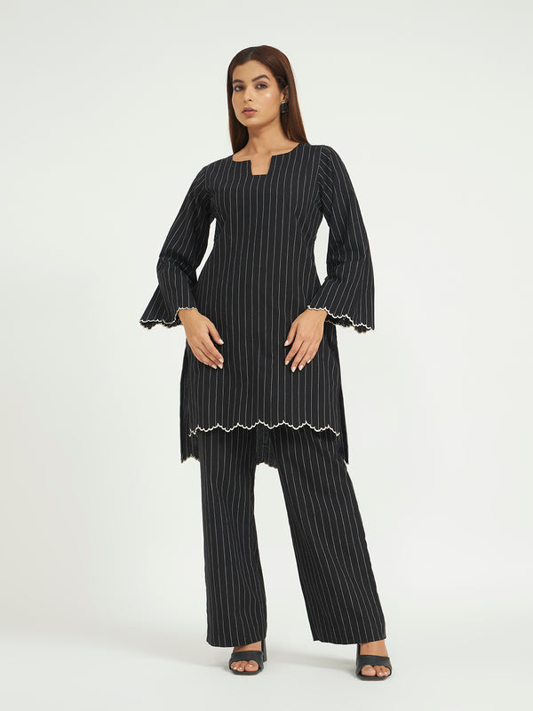 Black Pinstripe Co-ord Set with Scalloped Hem