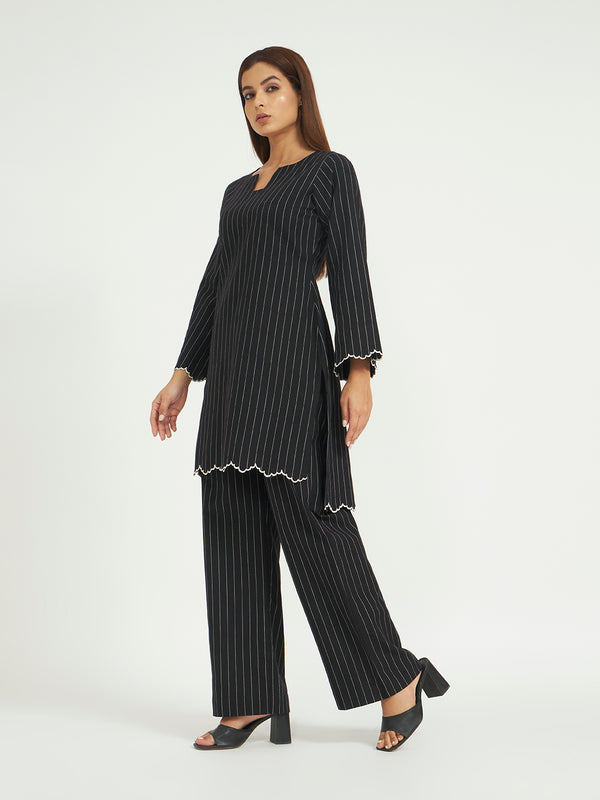 Black Pinstripe Co-ord Set with Scalloped Hem