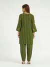 Green Striped Kurta Set with Embroidery