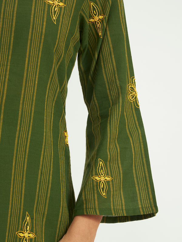 Green Striped Kurta Set with Embroidery