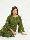 Green Striped Kurta Set with Embroidery