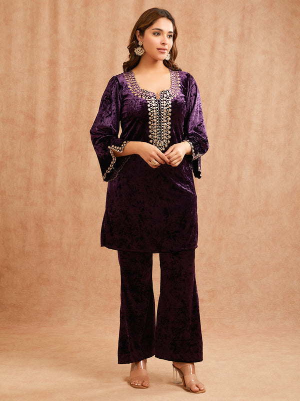 PURPLE VELVET PITA EMBROIDERED CO-ORD SET