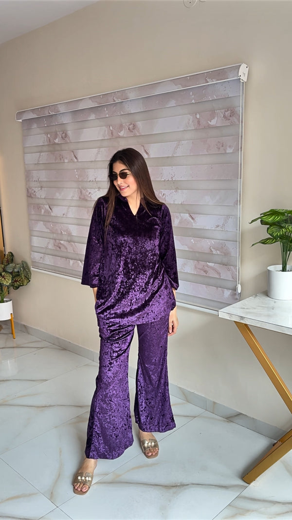 TANIYA IN PURPLE EMBOSSED VELVET CO-ORD SET