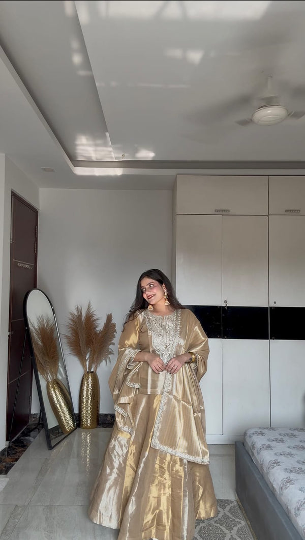 KOMAL MAURYA IN GOLDEN SILVER TISSUE LEHNGA SET