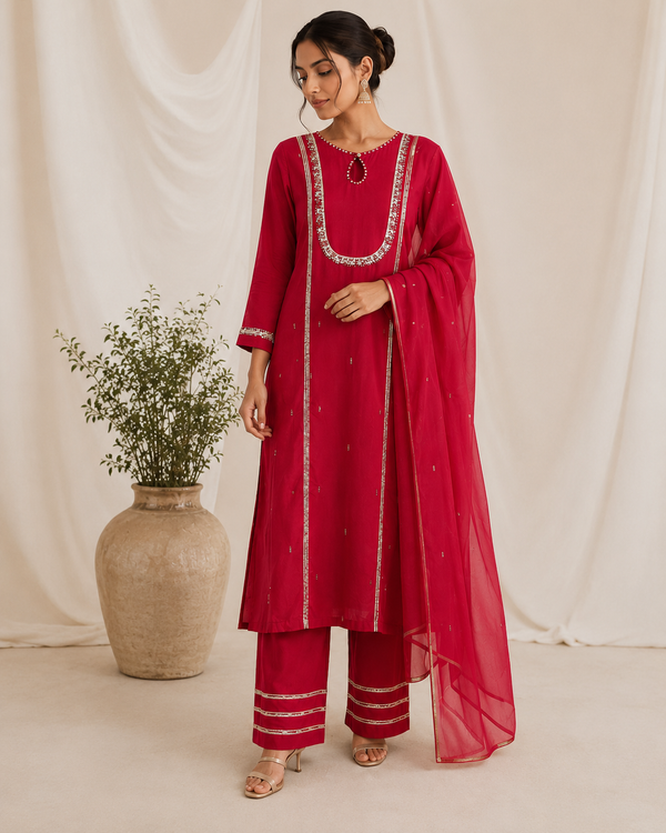 RED SILK FESTIVE KURTA SET